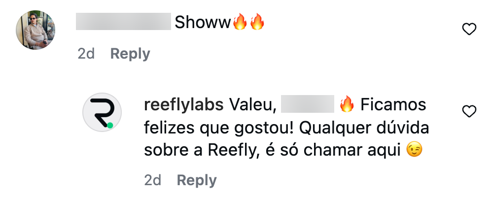 Reefly respondendo comentário no Instagram