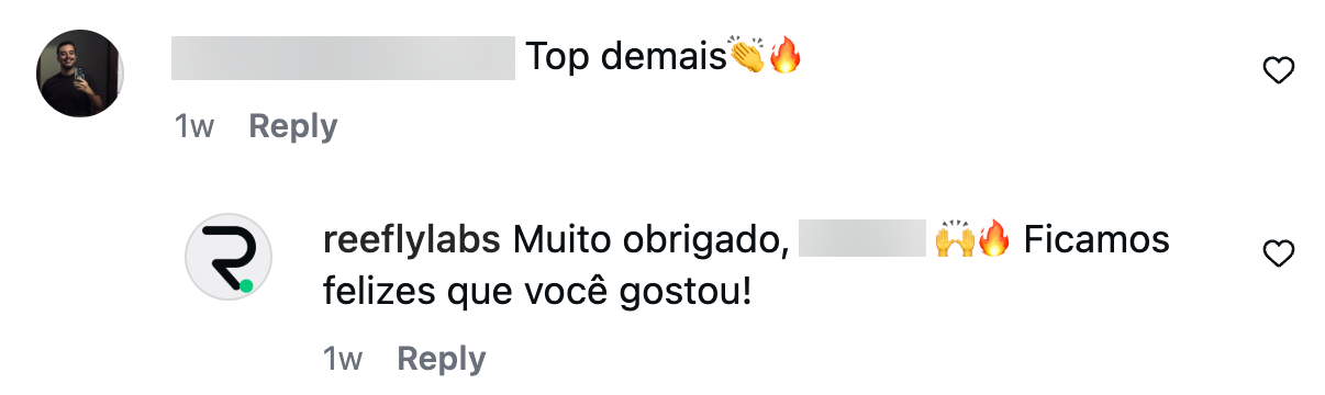 Reefly respondendo comentário no Instagram