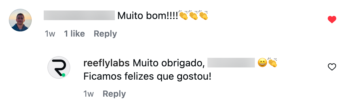 Reefly respondendo comentário no Instagram