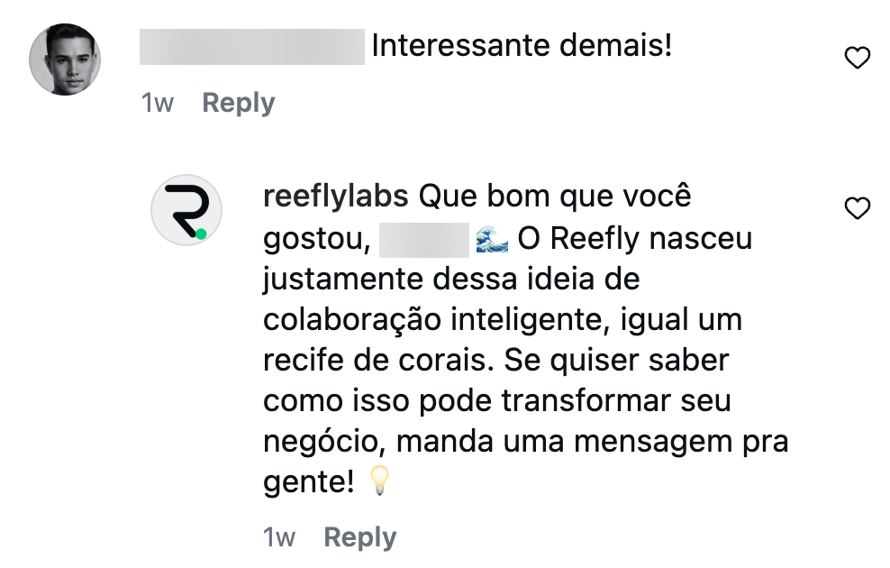 Reefly respondendo comentário no Instagram